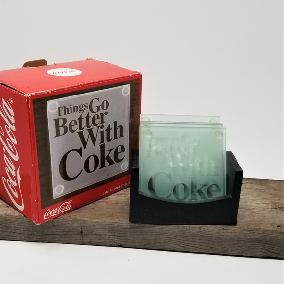 Coke Cola Glass Coaster set  with holder - Picture 2 of 8
